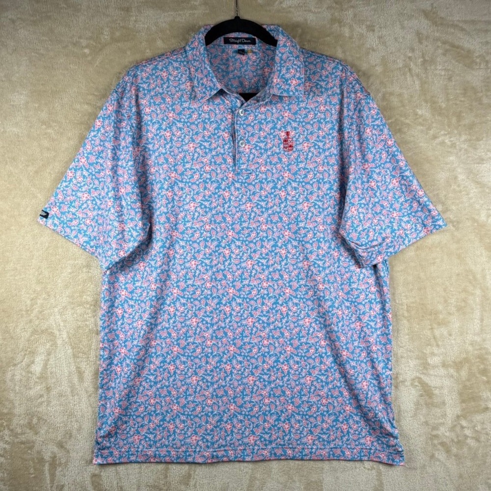 Straight Down Mens L Blue Coral Floral Golf Polo Shirt SD Crest Performance
